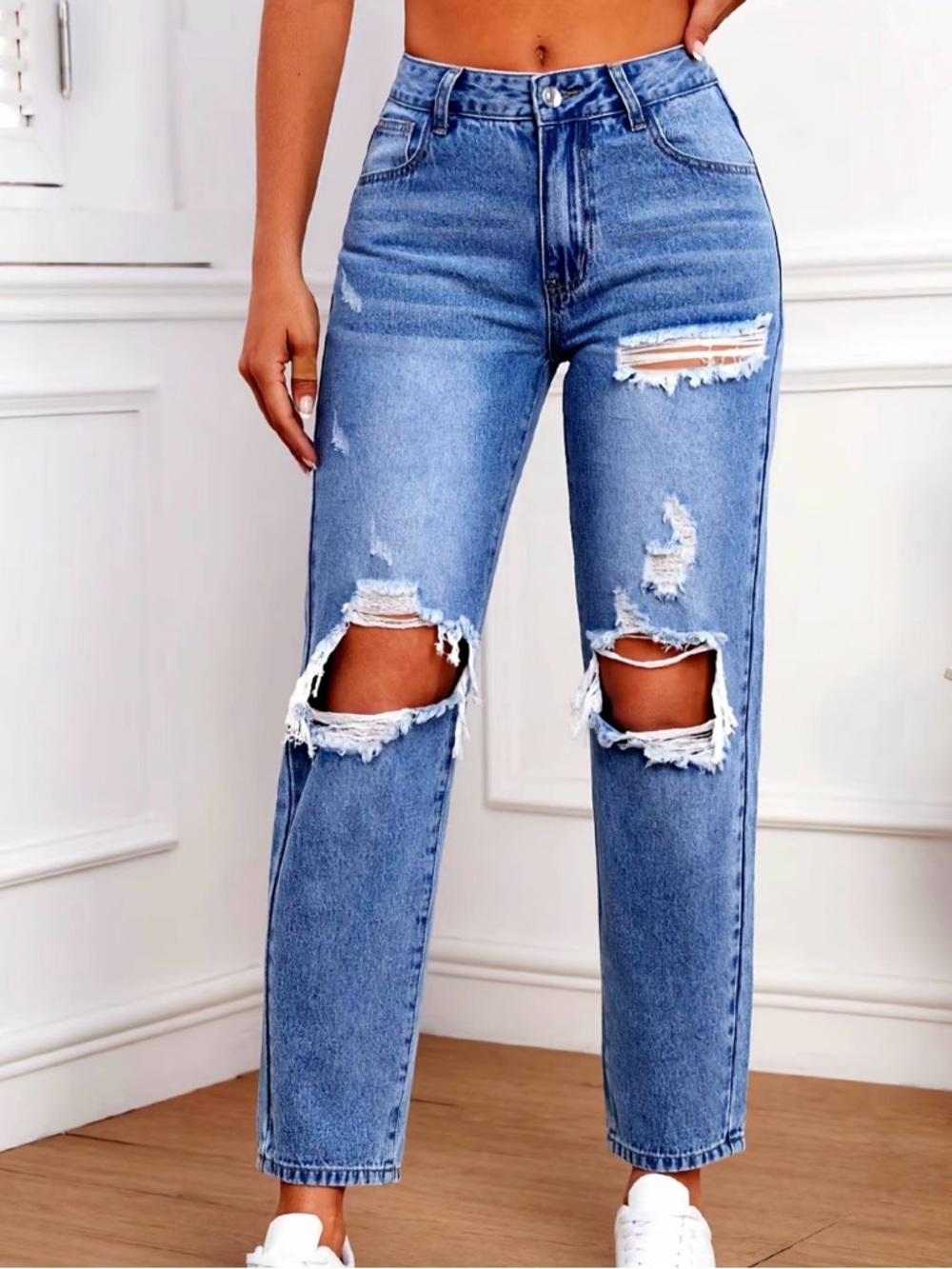 High-Rise Distressed Straight Leg Jeans - Light Blue